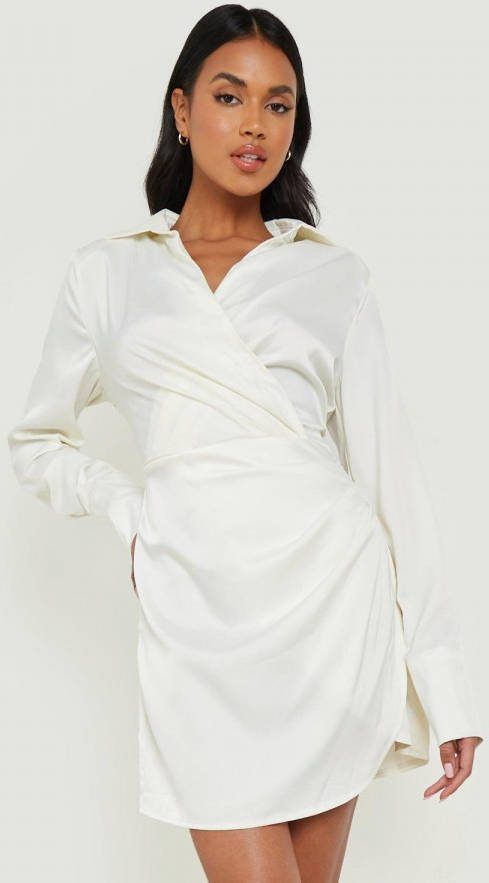 boohoo Premium Satijnen Blouse Jurk Met Schouderpads, Cream