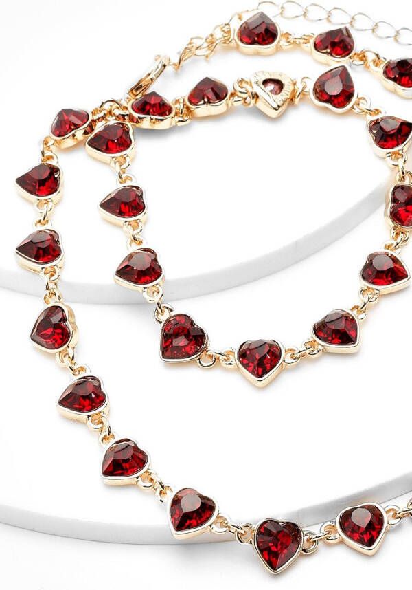 boohoo Rode Hartjes Ketting Met Steentjes, Red