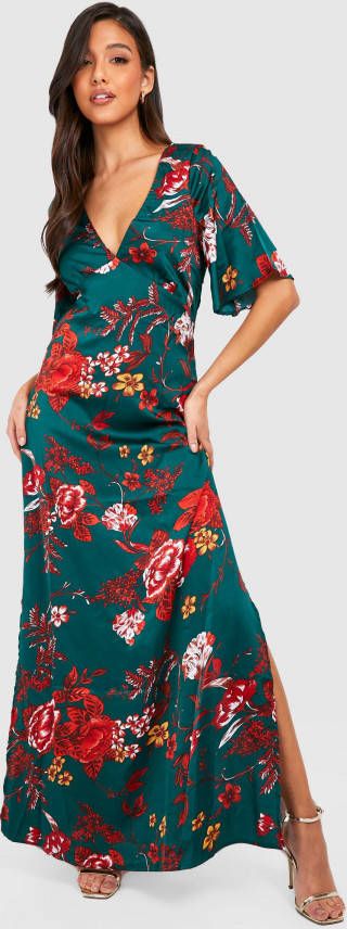 boohoo Satijnen Bloemen Maxi Jurk Met Print, Green