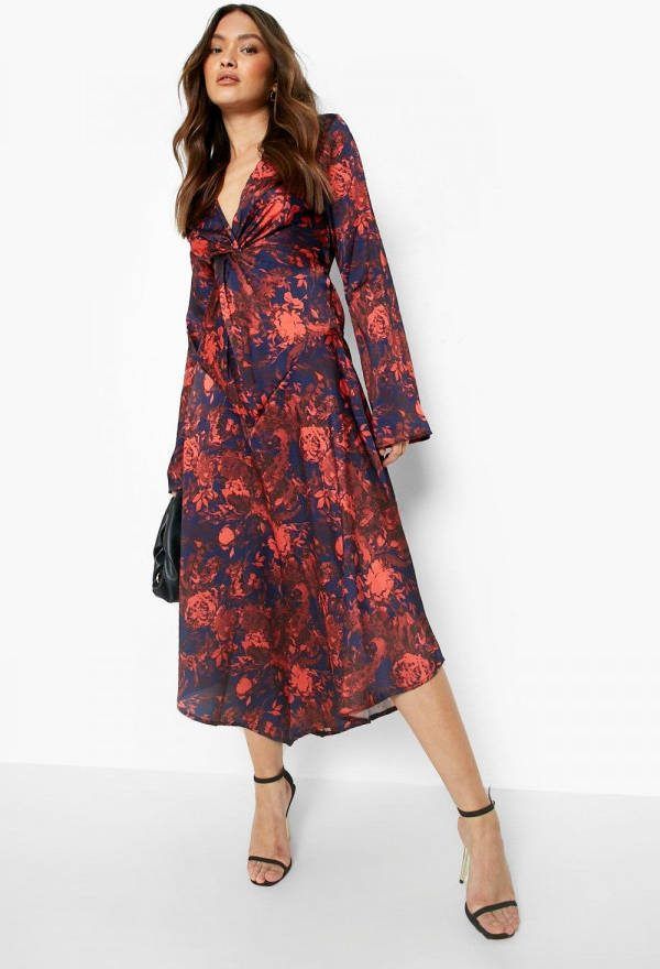 boohoo Satijnen Bloemen Midaxi Jurk Met Strik, Navy