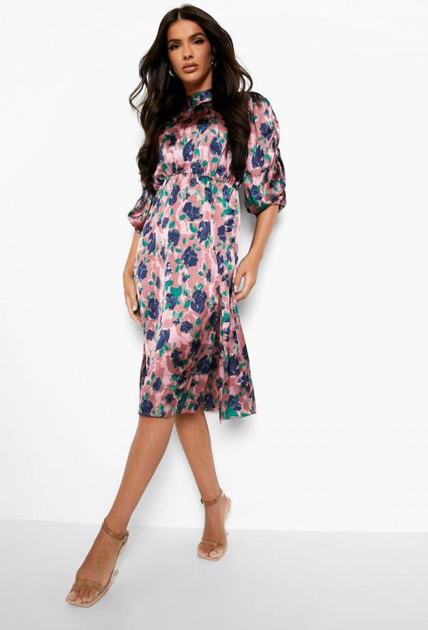boohoo Satijnen Bloemen Midi Jurk Met Geplooide Mouwen, Rose