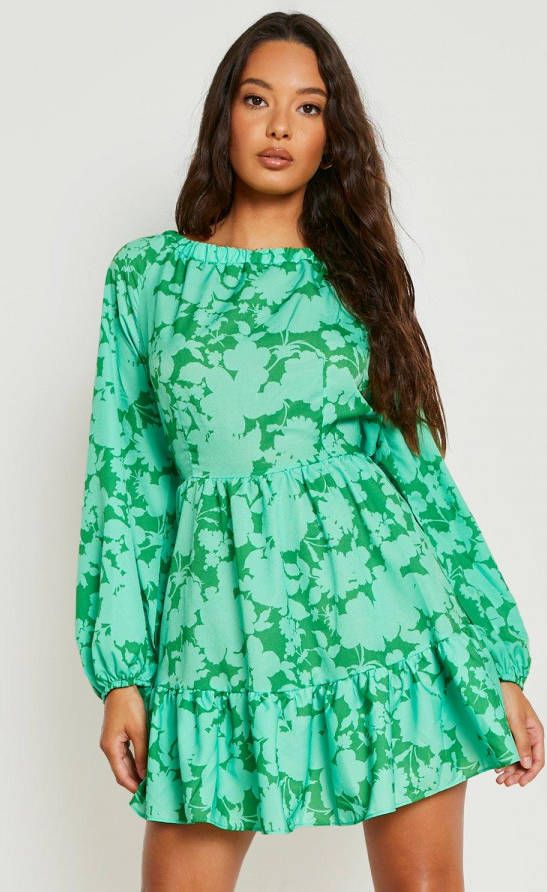 boohoo Satijnen Bloemen Skater Jurk Met Ruches, Green