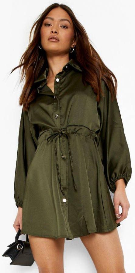 boohoo Satijnen Blouse Jurk Met Ceintuur En Volle Mouwen, Khaki