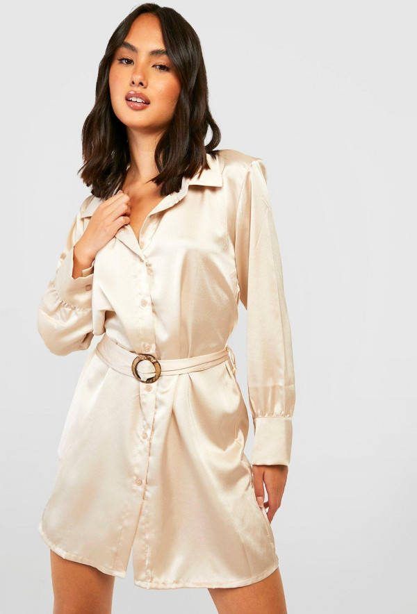 boohoo Satijnen Blouse Jurk Met O Ring En Ceintuur, Champagne