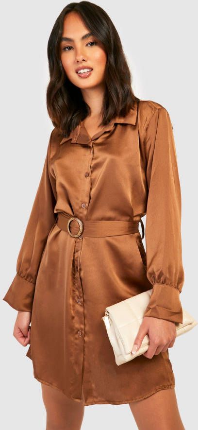 boohoo Satijnen Blouse Jurk Met O Ring En Ceintuur, Chocolate