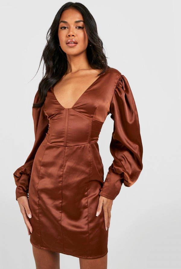 boohoo Satijnen Bodycon Jurk Met Volle Mouwen, Chocolate