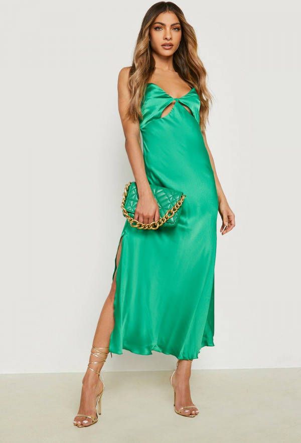 boohoo Satijnen Cut Out Midaxi Jurk, Green