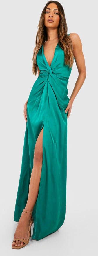 boohoo Satijnen Gedraaide Maxi Jurk Met Split, Bright Green