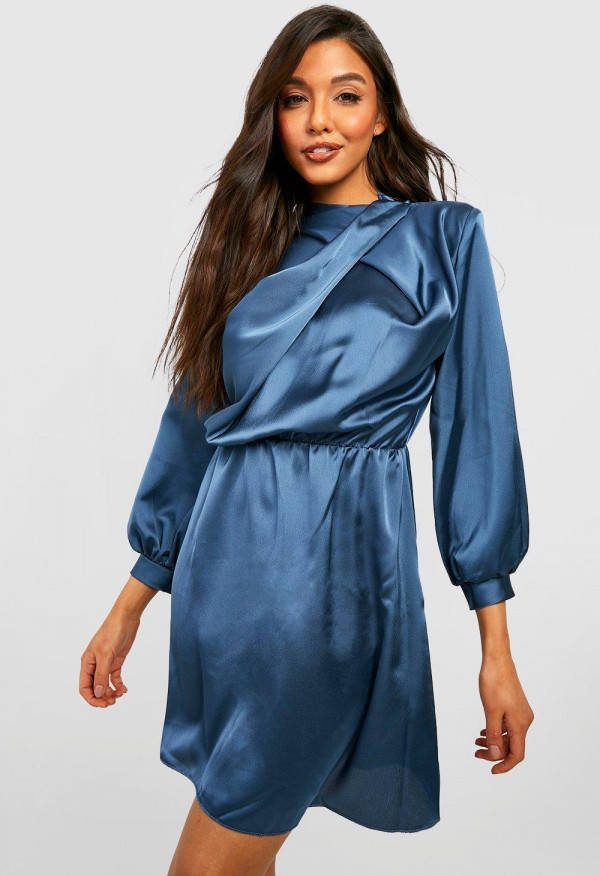 boohoo Satijnen Gedraaide Mini Skater Jurk, Dusty Blue
