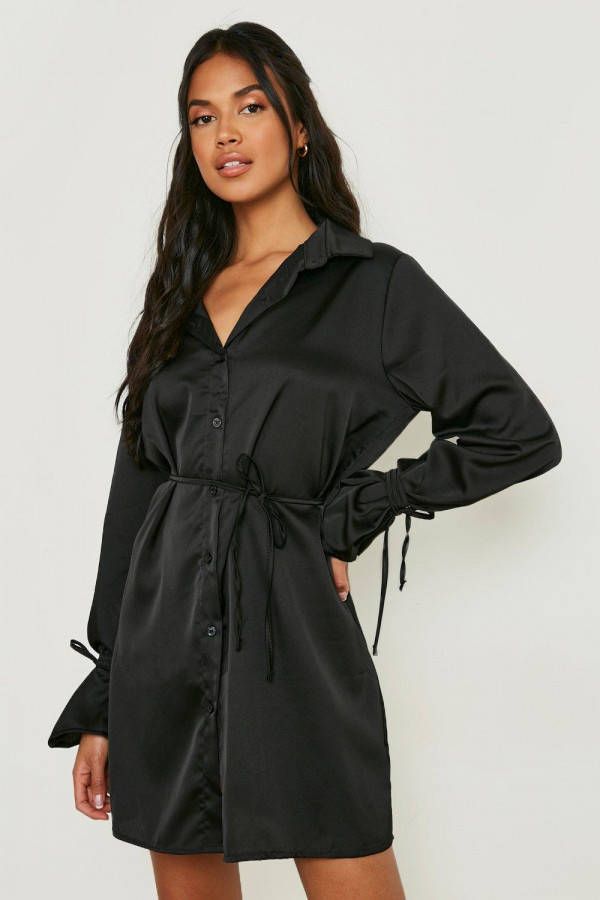 boohoo Satijnen Jurk Met Mouwstrikjes En Taille Blouse, Black