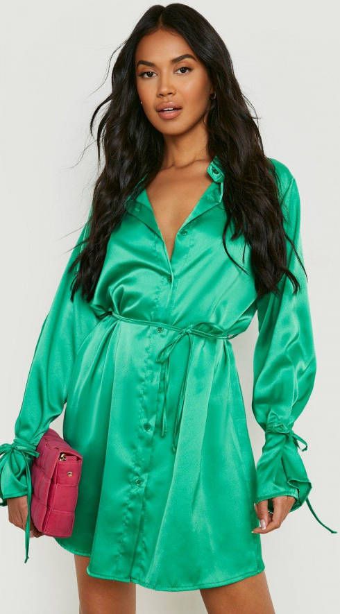 boohoo Satijnen Jurk Met Mouwstrikjes En Taille Blouse, Emerald