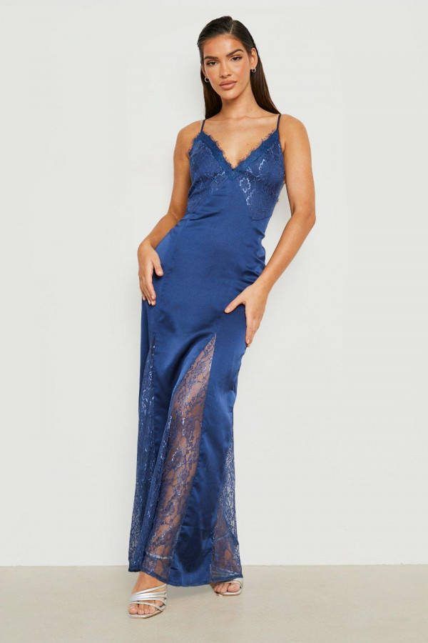 boohoo Satijnen Kanten Maxi Jurk Met Godet Detail, Navy
