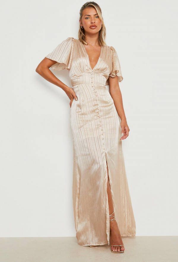 boohoo Satijnen Maxi Jurk Met Knoop Detail, Beige