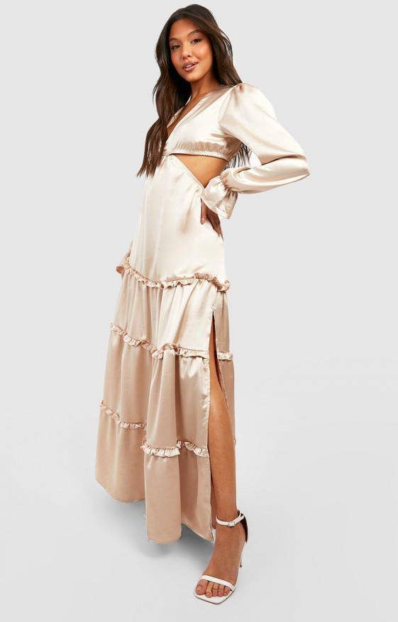 boohoo Satijnen Maxi Jurk Met Laag Decolleté, En Ruches, Champagne