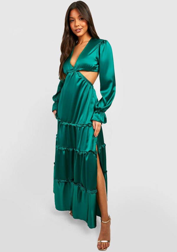 boohoo Satijnen Maxi Jurk Met Laag Decolleté, En Ruches, Olive