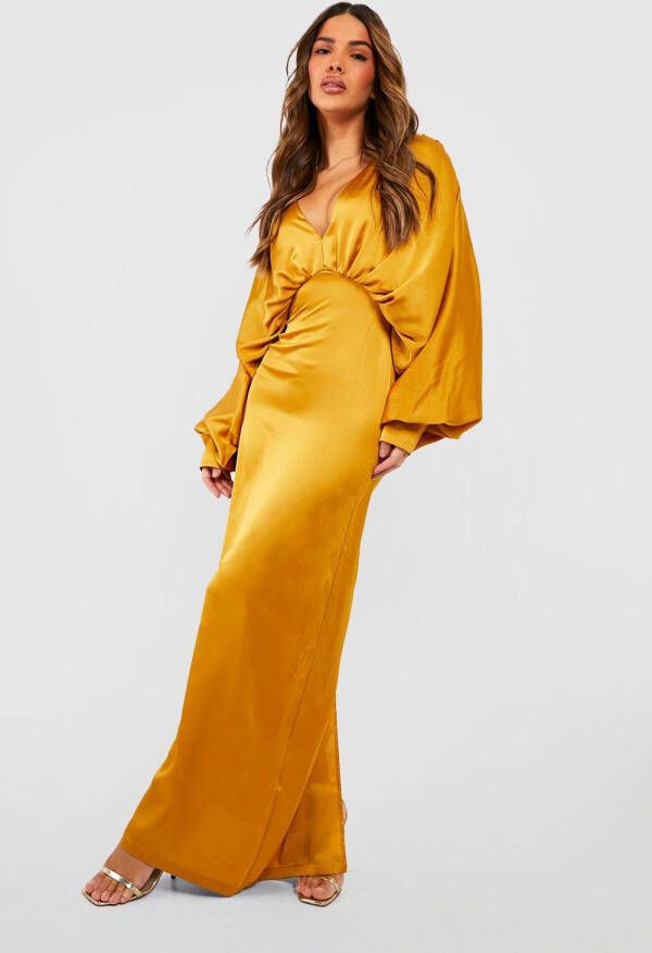 boohoo Satijnen Maxi Jurk Met Laag Decollet&#xE9, En Shirtmouwen, Mustard