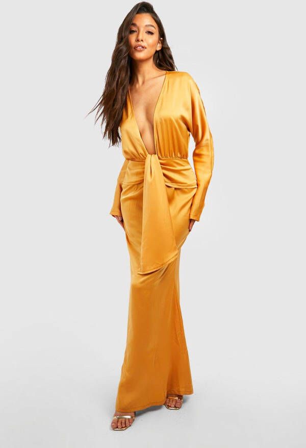 boohoo Satijnen Maxi Jurk Met Laag Decollet&#xE9,, Mustard