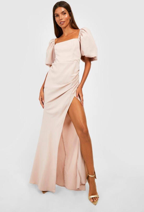 boohoo Satijnen Maxi Jurk Met Pofmouwen, Champagne