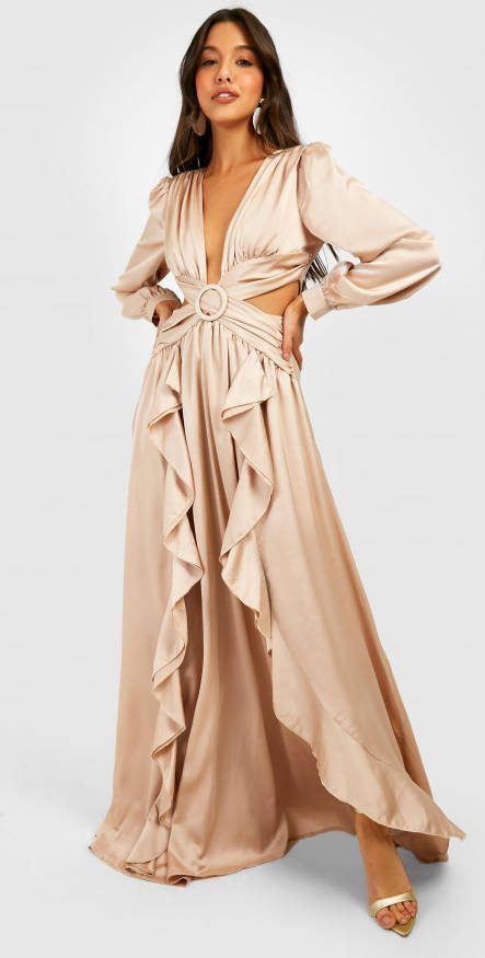 boohoo Satijnen Maxi Jurk Met Ruches En Laag Decolleté,, Champagne