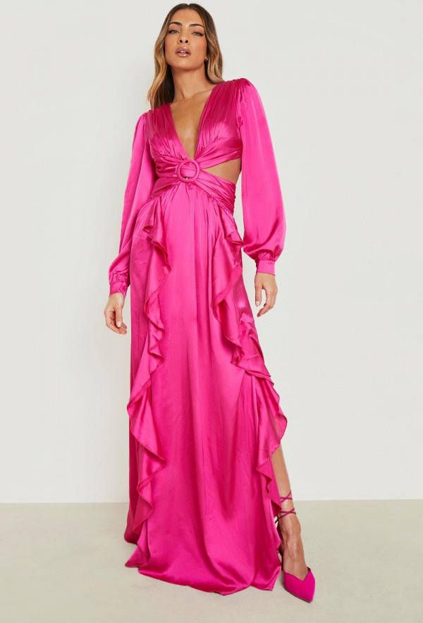 boohoo Satijnen Maxi Jurk Met Ruches En Laag Decolleté,, Magenta