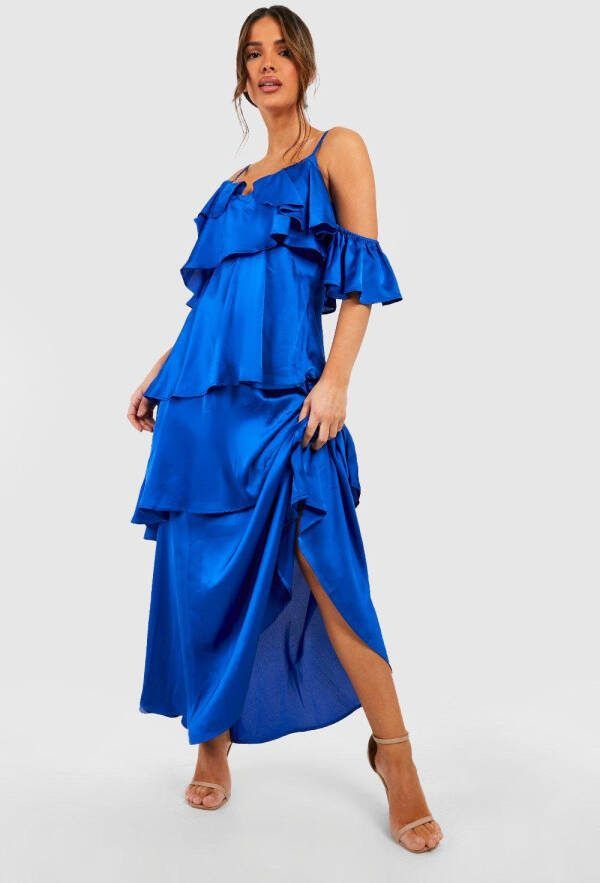 boohoo Satijnen Maxi Jurk Met Ruches En Laagjes, Cobalt