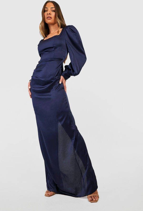 boohoo Satijnen Maxi Jurk Met Shirtmouwen, Navy