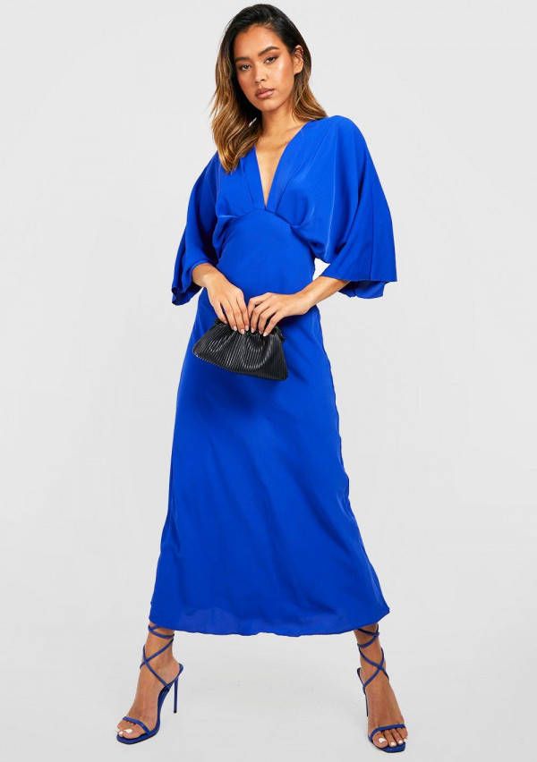 boohoo Satijnen Maxi Jurk Met Vleermuismouwen En Laag Decolleté,, Cobalt