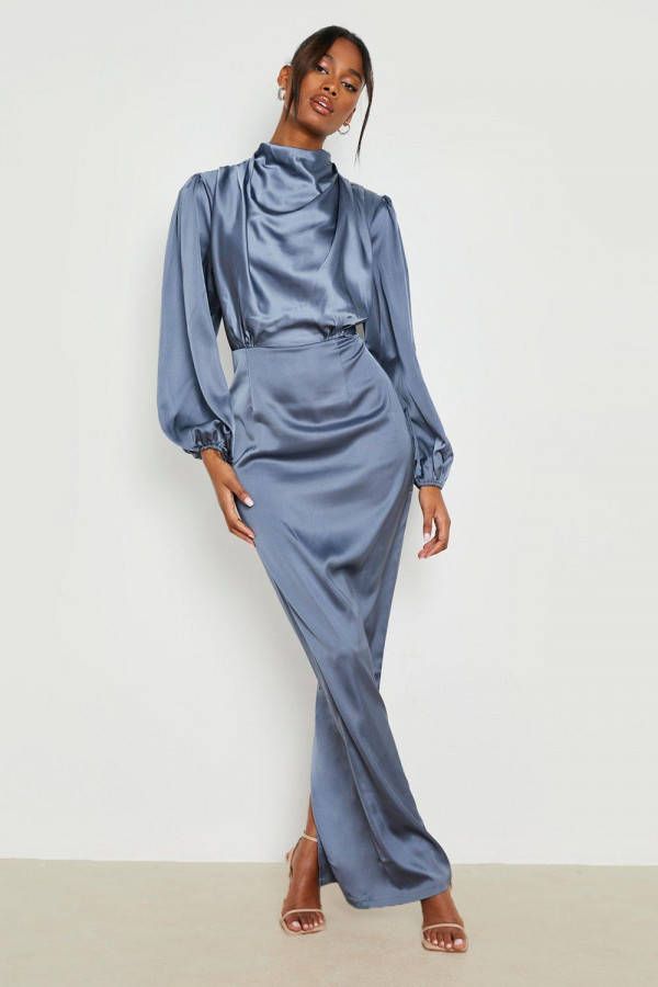 boohoo Satijnen Maxi Jurk Met Waterval Hals En Split, Navy