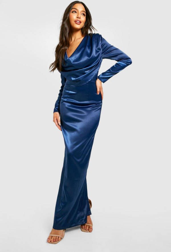 boohoo Satijnen Maxi Jurk Met Waterval Hals, Navy
