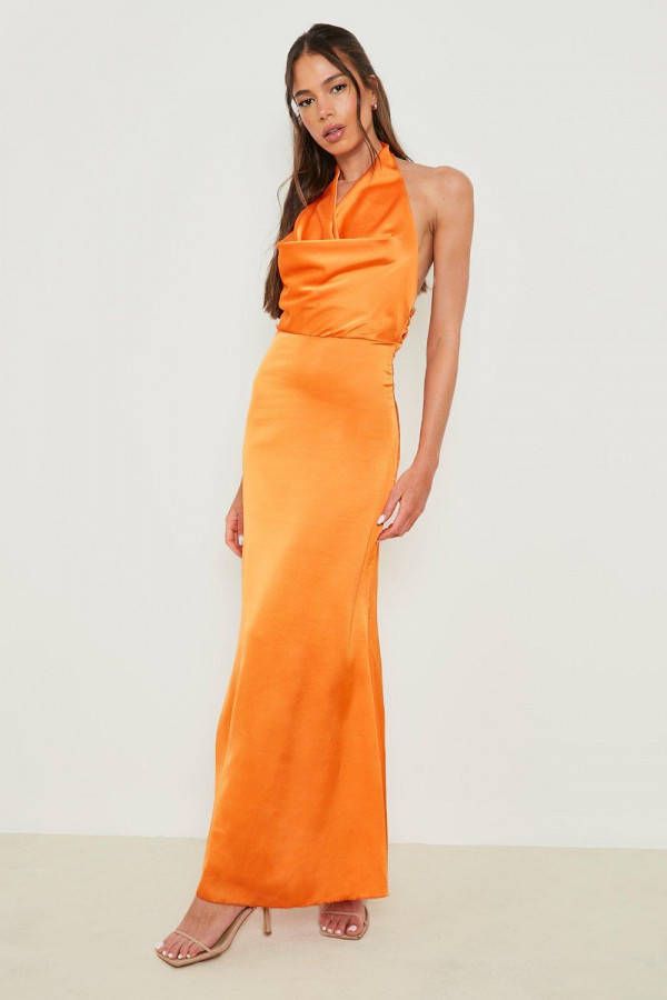 boohoo Satijnen Maxi Jurk Met Waterval Hals, Orange