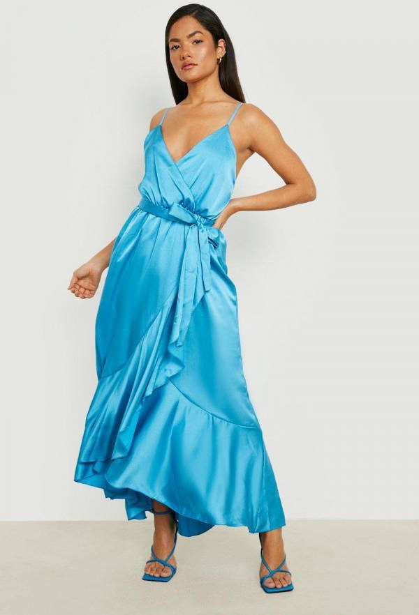 boohoo Satijnen Maxi Skater Jurk Met Bandjes En Ceintuur, Blue