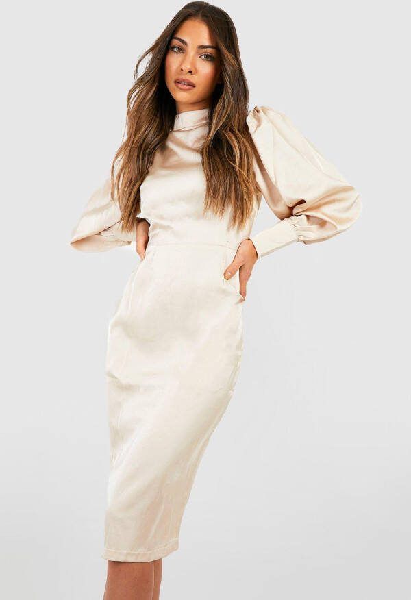 boohoo Satijnen Met Hoge Hals Shirtmouwen Mouwen Midi Jurk, Champagne