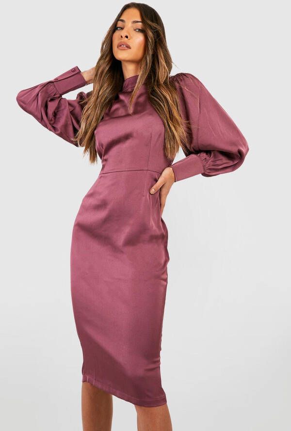 boohoo Satijnen Met Hoge Hals Shirtmouwen Mouwen Midi Jurk, Chocolate