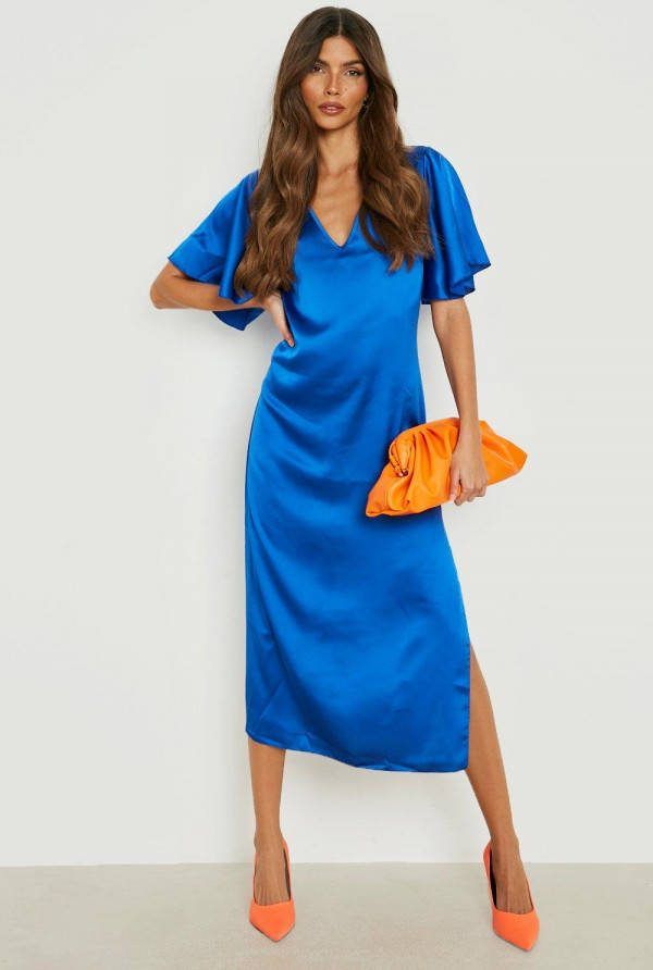 boohoo Satijnen Midaxi Jurk Met Engelenmouwen, Cobalt