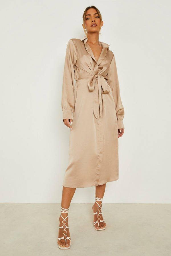 boohoo Satijnen Midi Blouse Jurk Met Strik, Sand