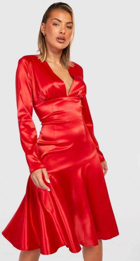 boohoo Satijnen Midi Jurk Met Geplooide Zoom, Red