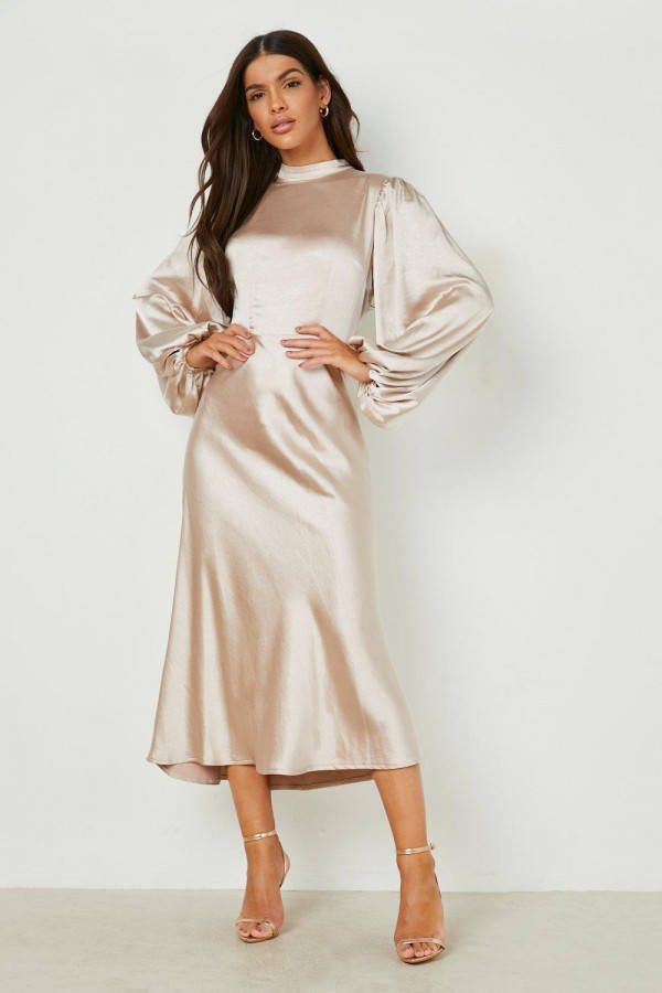 boohoo Satijnen Midi Jurk Met Hoge Hals En Ballonmouwen, Champagne