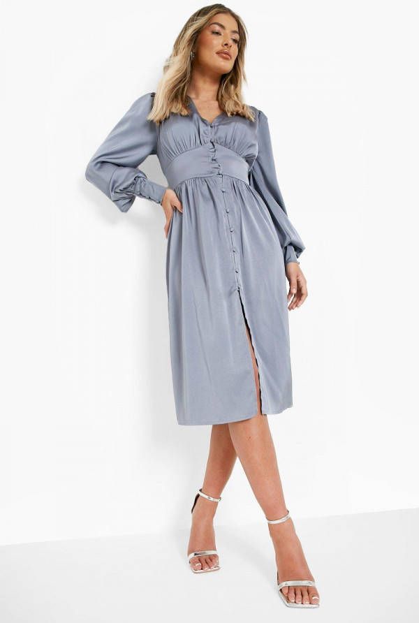 boohoo Satijnen Midi Jurk Met Knoop Detail, Slate Blue