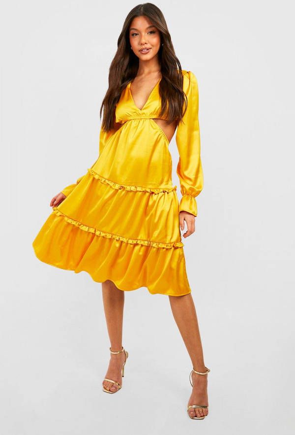 boohoo Satijnen Midi Jurk Met Laag Decollet&#xE9, En Ruches, Mustard