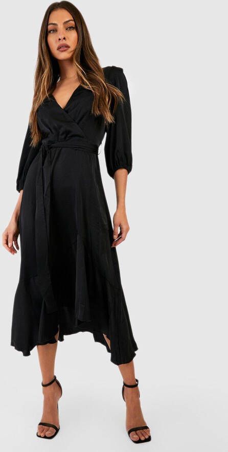 boohoo Satijnen Midi Jurk Met Laagjes En Geplooide Zoom, Black