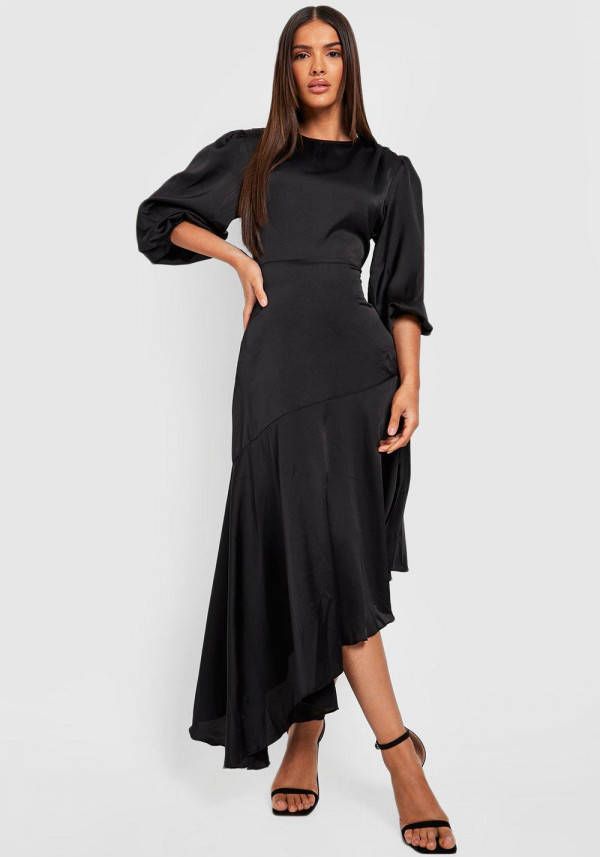 boohoo Satijnen Midi Jurk Met Pofmouwen En Geplooide Zoom, Black
