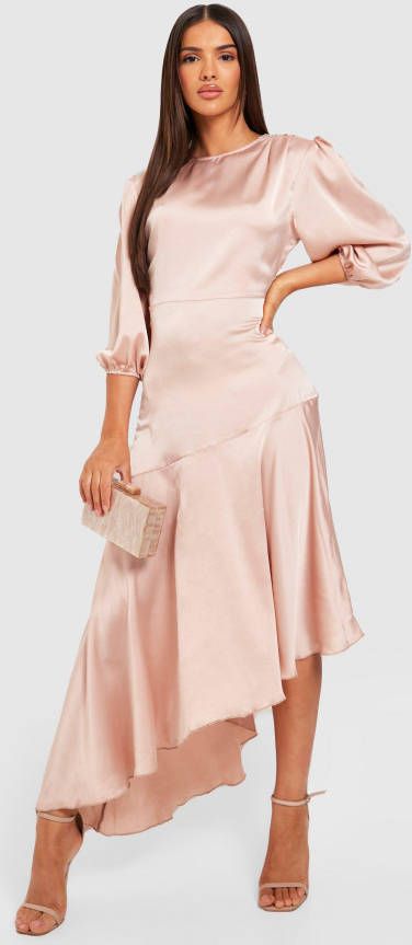 boohoo Satijnen Midi Jurk Met Pofmouwen En Geplooide Zoom, Champagne