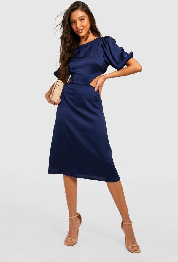 boohoo Satijnen Midi Jurk Met Pofmouwen, Navy