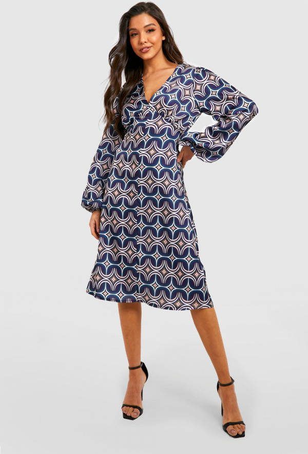 boohoo Satijnen Midi Jurk Met Print En V Hals, Navy
