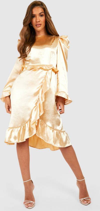boohoo Satijnen Midi Jurk Met Ruches, Champagne