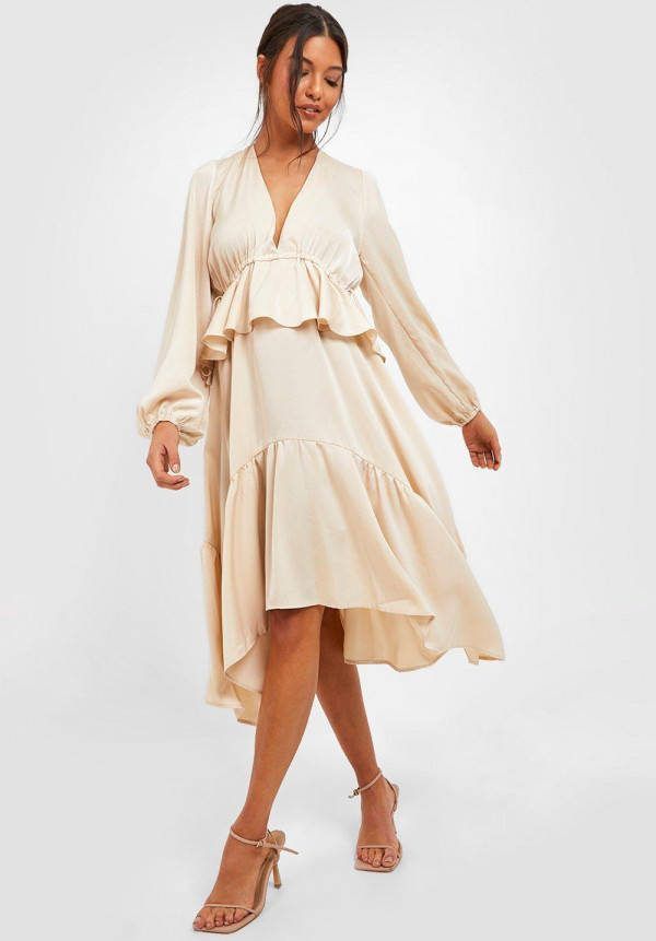 boohoo Satijnen Midi Jurk Met Ruches En Laag Decolleté,, Champagne
