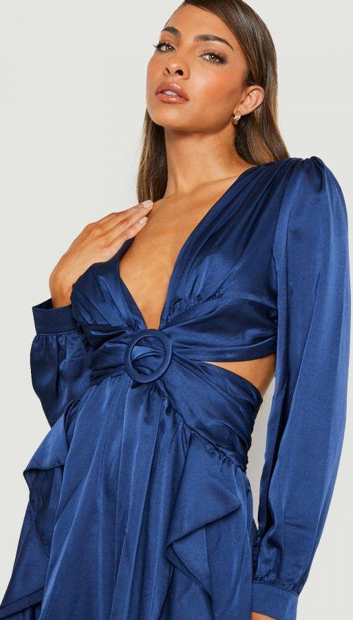 boohoo Satijnen Midi Jurk Met Ruches En Laag Decolleté,, Navy