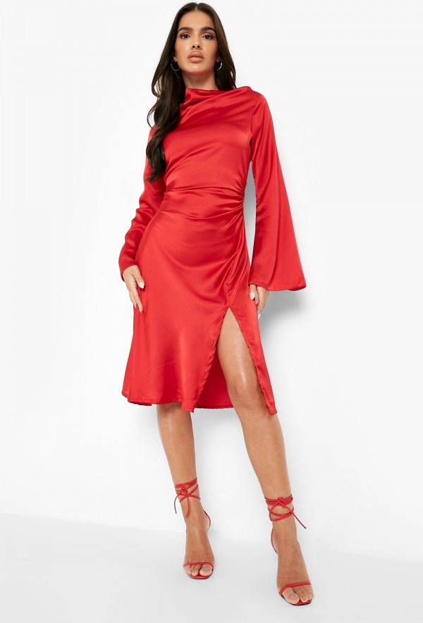 boohoo Satijnen Midi Jurk Met Waterval Hals, Berry