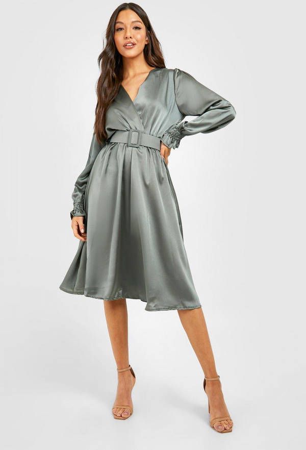 boohoo Satijnen Midi Skater Jurk Met Ceintuur En Geplooide Mouwen, Khaki