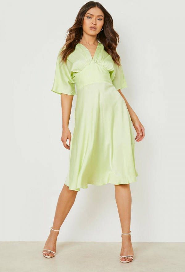 boohoo Satijnen Midi Skater Jurk Met Vleermuismouwen, Lime
